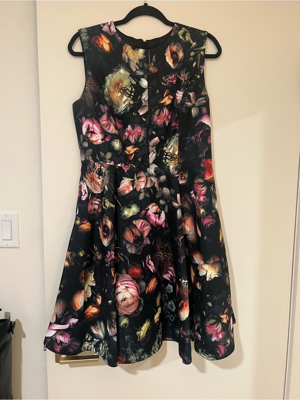 Ted Baker Black Floral Fit & Flare Dress with Pink and Cream Blooms